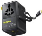 Baseus EnerCore CG11 Stație de încărcare, 70W, 1xAC + 2xUSB Type-A + 1xUSB Type-C + 1xUSB Type-C cu cablu retractabil automat, negru (E0307E00)