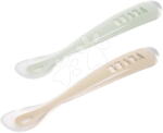 BÉABA Set de lingurițe de antrenament First Age Silicone Spoons Clay Misty Green Duo Beaba din silicon pentru hrănire independentă, în ambalaj practic, 2 bucăți maro-verde, de la 4 luni (BE913622) Set pentru masa bebelusi