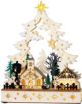 MagicHome Karácsonyi dekoráció, MagicHome Vianoce, falu, 25 x 7, 5 x 32 cm, 12 db melegfehér LED, fa, elemes (2 x AA) (TC2174115)
