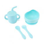 U-GROW Set 4 piese diversificare din silicon: Cana cu pai, bol , lingurita si furculita, blue, U-Grow