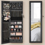 Brius Dulap bijuterii oglinda mdf montare perete depozitare, 37x10x120 cm, led optional, negru (EZ-JJC093B01)