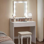 Brius Masa toaleta oglinda 9 becuri reglabile 2 sertare 3 compartimente, 40x80x145 cm, design modern, alb (EZ-RDT114W01)