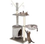 Springos Игрален комплект за котки, с място за чесане, криене, спане, мишки, 108см, сив (pa1037)