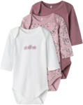 NAME IT Set 3 body bebe cu mânecă lungă, fete, alb/mov, flori, 50-98 alb, mov/Grape Shake (143BD8)