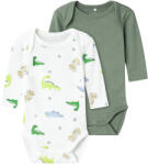 NAME IT Set 2 body cu mânecă lungă băieti, alb/verde cu dinozauri, 50/74 alb, verde/ coroană de lauri (13DFEE)