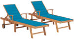 vidaXL 2 db tömör tíkfa napozóágy kék párnával (3073190)
