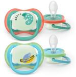 Philips Set 2 suzete Philips Avent Ultra Air SCF376/28 care lasa pielea bebelusului sa respire, ortodontice, fara BPA, 6-18 luni, pentru noapte, cu buton fosforescent (Multicolor) (SCF376/28)