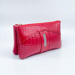 Amnisu piros lakk krokkómintás / erezett swarovski egyenesköves tripla cipzáras bőr pénztárca g5008