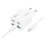 hoco. N56 hálózati töltő 2 USB+2 Type-C aljzat (30W, GaN, PD gyorstöltő 3.0 + lightning kábel) FEHÉR (N56_LIGHTNING_W) (N56_LIGHTNING_W)