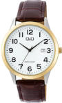 Q&Q férfi karóra, quartz, bicolor színű fémtok, fehér számlap, barna színű bőrszíj A44A-007PY (4704-5)