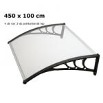 Silver Wing Extra hosszú előtető 450x100 cm fekete keret bronz polikarbonát féltető B típusú karral például bejárati ajtó vagy ablakok fölé. Két tartókat között 1 darabból áll a tetőlap