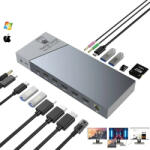 USB C HUB 16 az 1-ben, PRESTIGE CHARGE®, 3 x HDMI 4K/QHD, SD kártyahely, MicroSD, RJ45 Gigabit 1000Mbps, PD 100W, Jack 3, 5 mm, C típusú 3.2, 2* USB 3.2 5 Gbps, Prémium alumínium dokkolóállomá