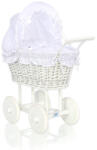 Magas, fonott babakocsi fehér hímzett ágyneművel és béléssel - fehér