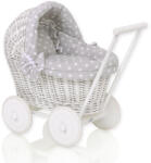  Fehér fonott babakocsi babáknak szürke ágyneművel és puha béléssel