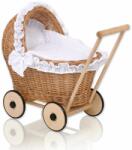  Fonott babakocsi fehér hímzett ágyneművel és puha béléssel - natúr