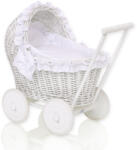  Fehér fonott babakocsi babáknak fehér ágyneművel és puha béléssel