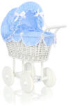  Magas, fonott babakocsi kék ágyneművel és béléssel - fehér