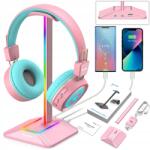 Fejhallgató állvány, RGB LED, USB HUB, New Bee, rózsaszín (Uchwyt na słuchawki na biurko LED USB C USB)