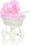  Magas, fonott babakocsi rózsaszín ágyneművel és béléssel - fehér - pepita - 36 971 Ft