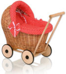  Fonott babakocsi piros ágyneművel és puha béléssel - natúr