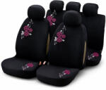 HD Racing Autós Üléshuzat Garnitúra 9 db - Fekete Szövet, Rózsaszín-Fehér Virág Hímzéssel (HD6938P)