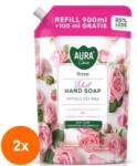 Bispol Set 2 x Sapun de Maini Rezerva, Trandafir, Aura Care, 900+100 ml