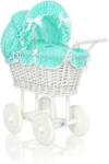  Magas, fonott babakocsi menta színű ágyneművel és béléssel - fehér