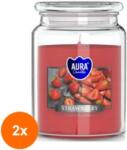 AURA Set 2 x Lumanare Parfumata in Borcan cu Capac, Capsuni, Timp de Ardere 100 Ore, Aura (GIL-2xLCA-SND99-73)