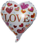Mezőfi Team Kft Fólia lufi, szív, Love , fehér, színes szívecskék, 40 cm