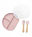 Bosso Baby Tányér szett fedővel, evőeszközökkel, +6m, 100% szilikon, fa, világos rózsaszín (54)