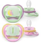 Philips Set 2 Suzete Philips Ultra Air SCF376/29 Ortodontice Fara BPA 6-18luni pentru Noapte cu Buton Fosforescent Multicolor (SCF376/29)