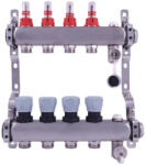 Delta inox 4 körös szelepes osztó-gyűjtő áramlásmérővel, Eurokónuszos, 1" x3/4"