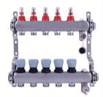 Delta inox 5 körös szelepes osztó-gyűjtő áramlásmérővel, Eurokónuszos, 1" x3/4"