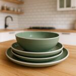  Set vesela 18 piese, pentru 6 persoane, Ceramica, design modern, culoare Verde, Bej Serviciu de masa