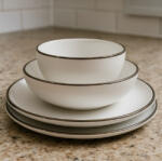  Set vesela ceramica 16 piese, Alb cu margine argintie, 26.5x20cm farfurie, 20cm bol pentru supa Serviciu de masa