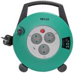 Retlux - 10 m-es, 3 aljzatos kábeldobos hosszabbító, E típus, zöld/fekete 52001090 (FT1314)