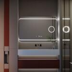  Téglalap alakú LED tükör, 120x80cm, Definition MotionGlow Marcello, Páramentesítő rendszer, Óra és hőmérő, Kozmetikai nagyító, Szabályozható fényerő