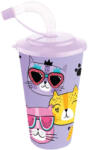  Pohár Műanyag Tetővel és Szívószállal 400ml - Lila Cica