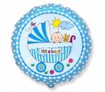 Flexmetal Fólia lufi, kerek, babakocsi mintával, "It's a boy" felirattal, kék, 45 cm