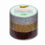 FOLIA Dekorációs ragasztószalag 3db 15mm x 5m glitteres ragasztószalag, csillogó arany, ezüst, barna WASHI TAPE (F28504)