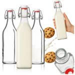 SuperButelki 5 db Üveg Palack Tejhez, Vízhez, Levekhez, Klipszes Záródugóval, Négyszögletű, 1000 ml (BUTELKA_1000_KWADRAT_KM2_5x_MLEKO)