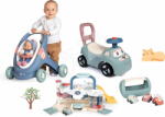 Smoby Set premergător didactic și cărucior cu păpușă Baby Walker 3în1 + Baby Doll Little Smoby cu babytaxiu și garaj și mașinuțe (SM140308-12)