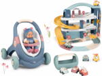 Smoby Set premergător didactic și cărucior cu garaj Baby Walker 3în1 + Baby Doll Little Smoby cu păpușă de 30 cm și valiză cu mașinuțe (SM140308-7)