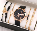  Fekete Színű Műbőr Szíjas Karóra 5db Karkötővel