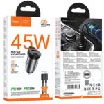 hoco. Incarcator Auto Hoco NZ16B, 45W Power Delivery, 2x Porturi USB-C, Cablu Lightning 1m Inclus, Incarcare Rapida, Design Metalic, Gri (644785-42)