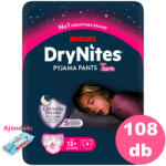 Huggies DryNites 13+ éves lány, 12x9 db - 4 HAVI pelenkacsomag + AJÁNDÉK Huggies törlőkendő