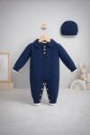 SuperBaby Salopeta tricotata bebelusi baieti cu guler si caciulita, culoare bleumarin