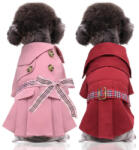  Kutyaruha - Elegáns Vászon Ruha , oldal gallérral, gombokkal és kockás masnival - S - rózsaszín