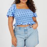 Brave Soul Brave Plus-Size Shirred Bust Polka Dot Top with Puff Sleeves - Blue/Navy