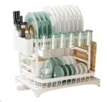 MACVI Macvi® emeletes edényszárító, 2 szintű, evőeszköz- és pohártartóval, csepegtetőtálcával, strapabíró fém, 42x30x29 cm, fehér (MCV-2112)